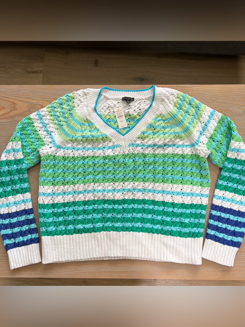 Talbots OPEN STITCH V-NECK SWEATER - STRIPE petite medium cotton